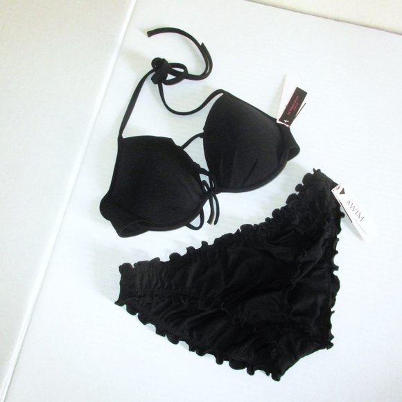 32C/S VICTORIAS SECRET Swim Push-Up Top Bikini Set Ruffle Cheeky Bottom Black - Picture 4 of 11